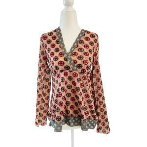 Sweet Pea Mesh Geometric Babydoll Tunic Top Size L Ruched Festival Y2K Retro